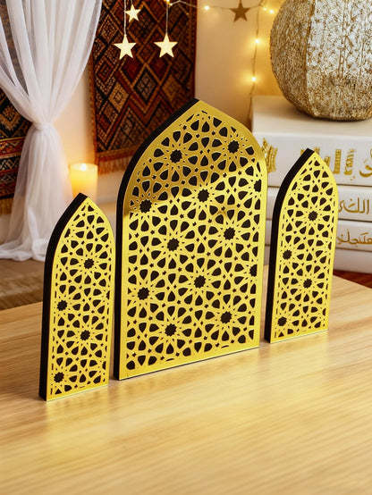 3Pcs/Set Islamic Geometric Arch Decor Golden & Floral Acrylic Table Ornaments Wooden Festive Home Decor for Ramadan & Eid Gifts