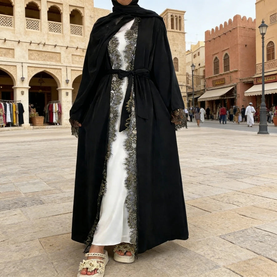 Lace & Grace – 2-Piece Lace-Up Abaya Set for the Muslim Woman in America