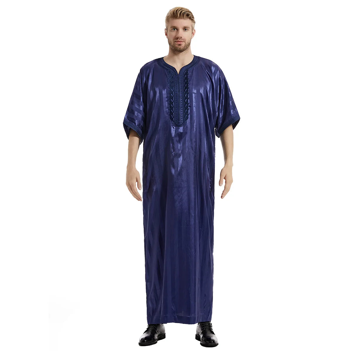 Middle Eastern Muslim Men's Striped Middle Sleeve Embroidered Robe Half Sleeve Arabic Costume Traditional Men's Robe