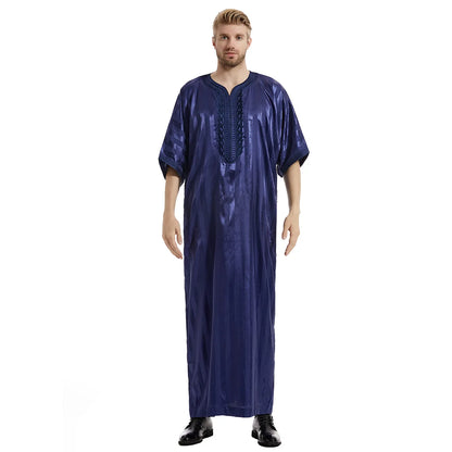 Middle Eastern Muslim Men's Striped Middle Sleeve Embroidered Robe Half Sleeve Arabic Costume Traditional Men's Robe