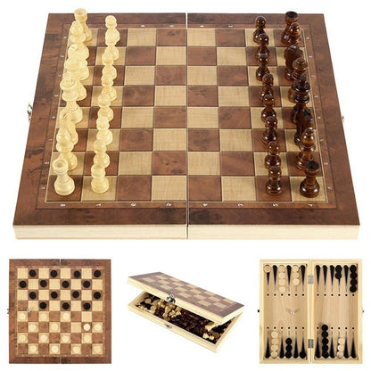 RTENTE-Wooden Foldable 3 In 1 Chess Backgammon Wooden Board Folding Board Game