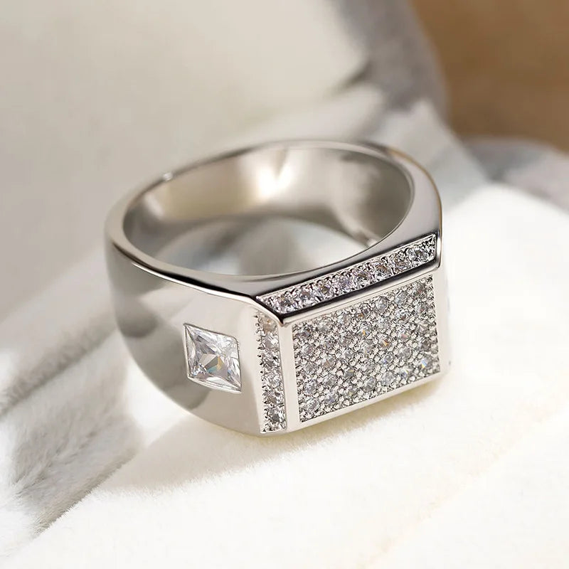 Mens Blue Red Black Heart Wide Finger Rings For Women Male Silver Color White Zircon Couple Engagement Wedding Bands Jewelry CZ