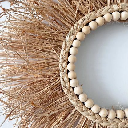 Raffia Woven Wall Hanging, Japanese Moroccan Style Grass Decor for Hotel B&B, Wooden Frame Wall Art
