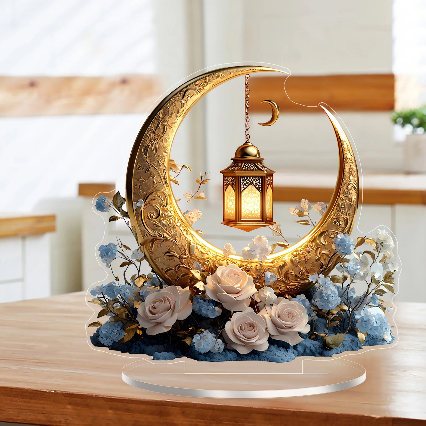 1PC 2D Elegant Eid Crescent Lantern and Flower Acrylic Decorative Sign with Base Home Office and Bedroom Desktop Decorations