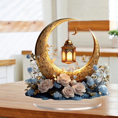 1PC 2D Elegant Eid Crescent Lantern and Flower Acrylic Decorative Sign with Base Home Office and Bedroom Desktop Decorations
