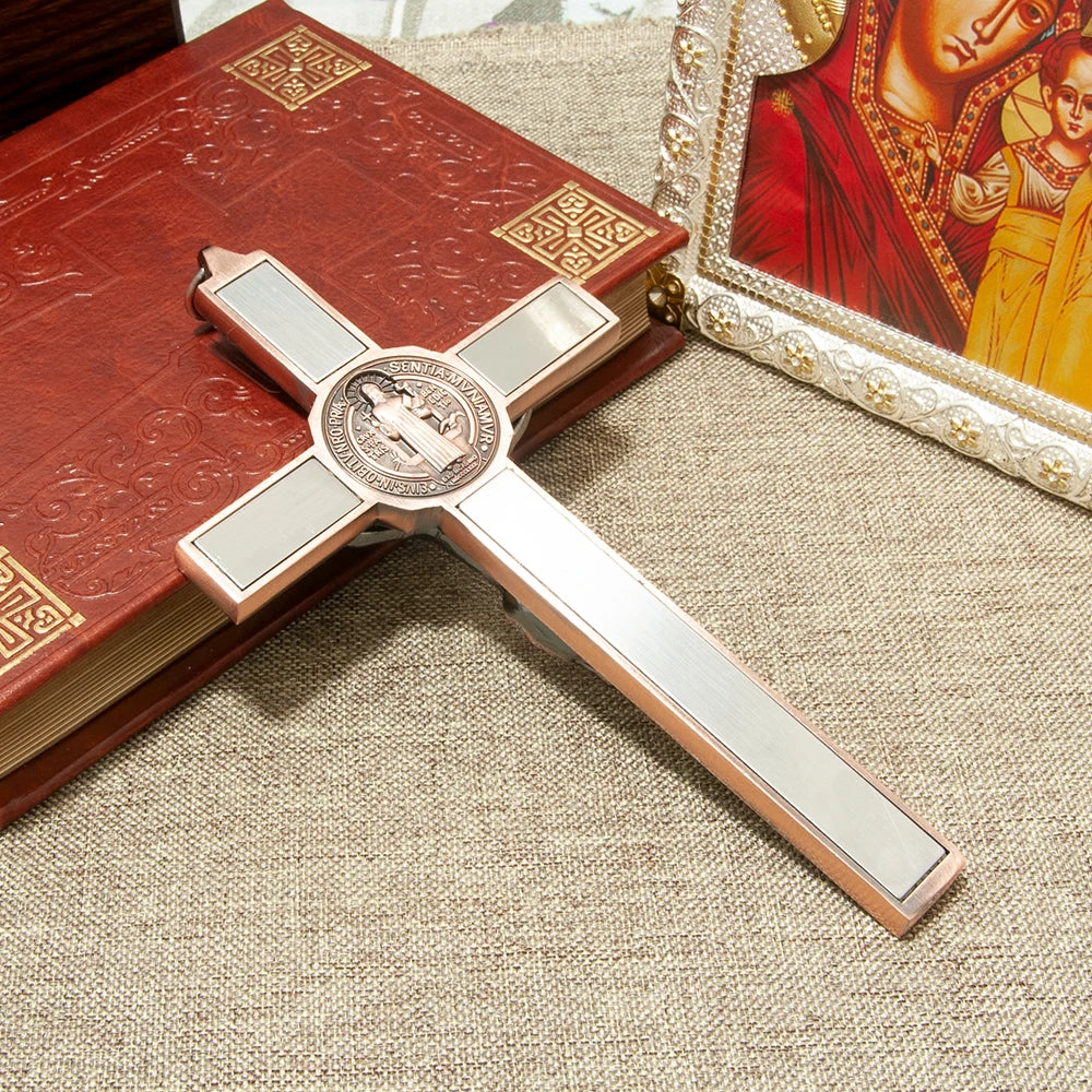 HTISOK Catholic Cross Zinc Alloy Crucifix with St. Benedict Medal & INRI, 6.9" Gift-Boxed Religious Wall Decor for Home Altar