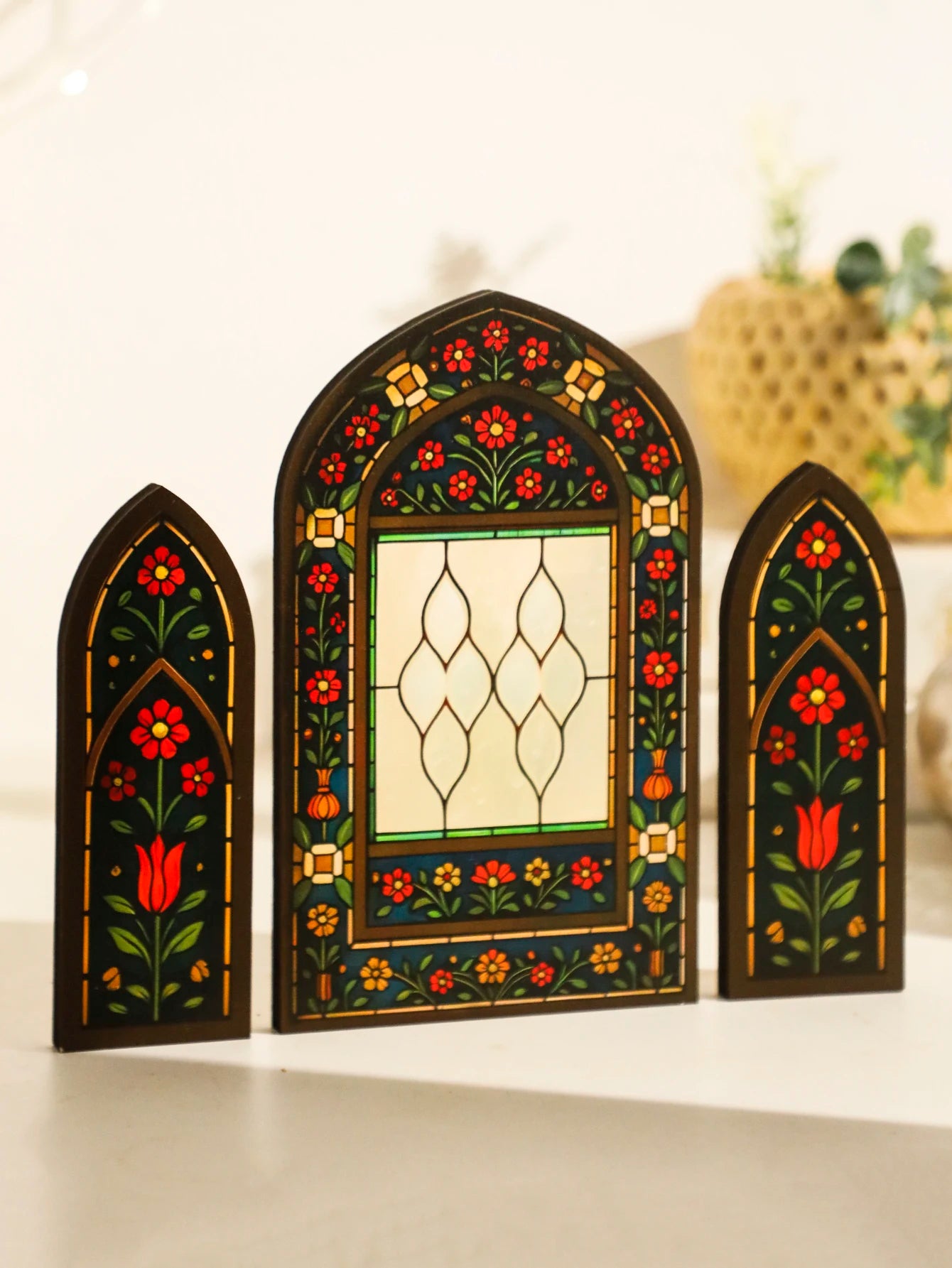 3Pcs/Set Islamic Geometric Arch Decor Golden & Floral Acrylic Table Ornaments Wooden Festive Home Decor for Ramadan & Eid Gifts