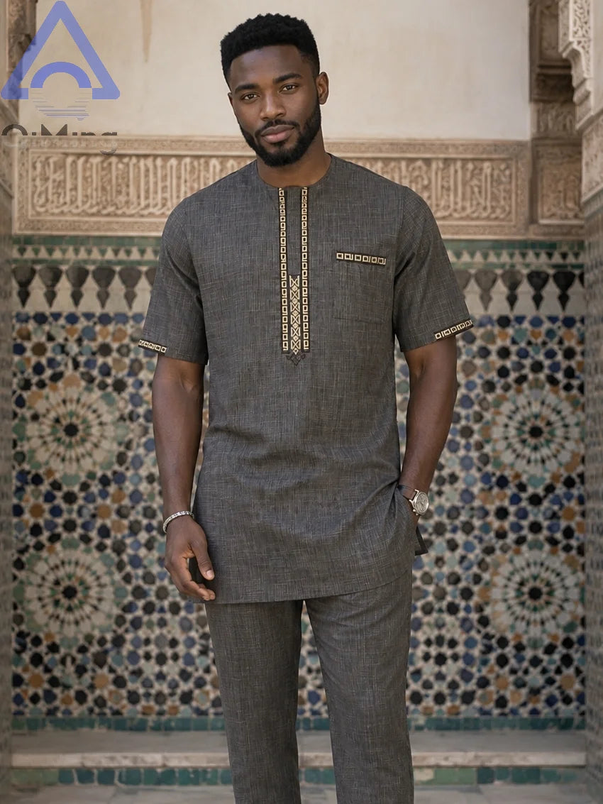 QiMing Men's Cotton Muslim Wedding Clothing Two-Piece White Boubou with Embroidery And Stripe Caftan Moroccan Modest Prayerwear