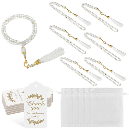 15/30Pcs Ramadan Glass Pearl Muslim Bracelet Prayer Beads Tassel Thank You Card Organza Bags Eid Mubarak Favor Gift for Home