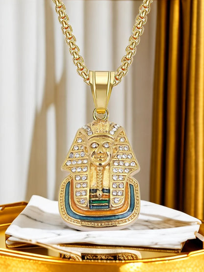 Iced Out Pharaoh Pendant – Gold-Tone Stainless Steel Egyptian Necklace for Men & Women