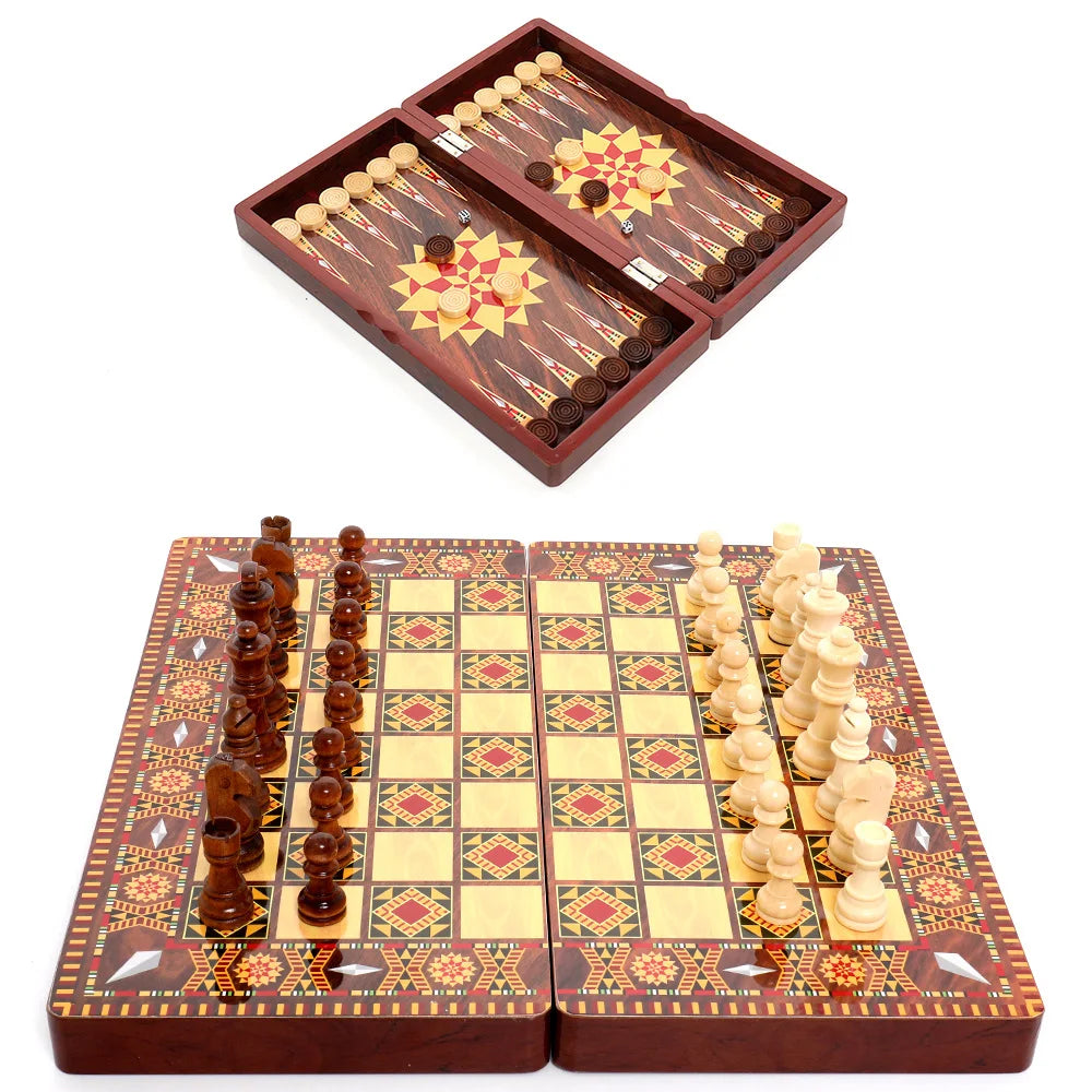40cm Large 3-in-1 Wooden Chess & Checkers & Backgammon Set, Foldable Board for Family Travel