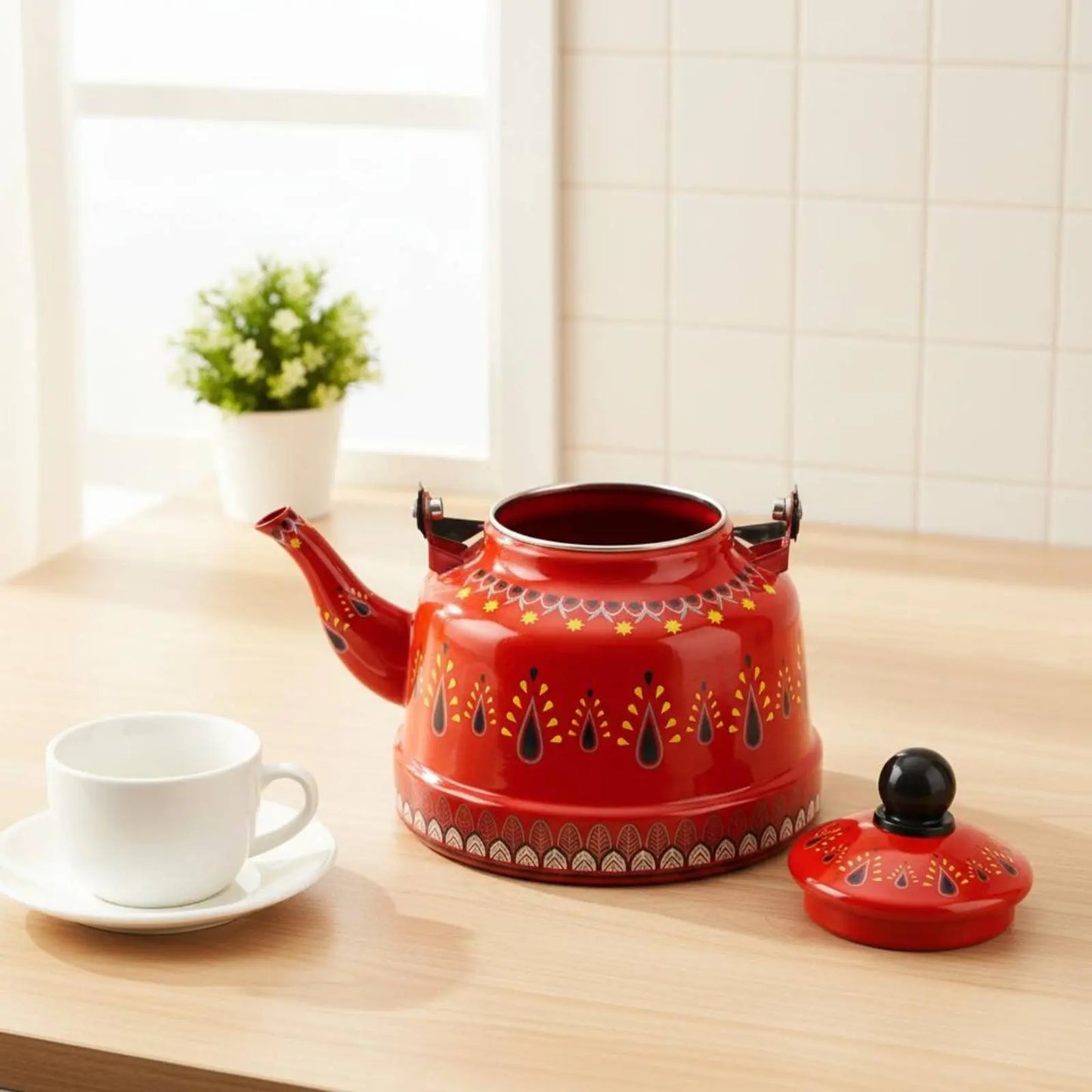 Enamel Kettle for Boil Water Round Teapot Easy to Clean Vintage Water Kettle Anti-Scald Water Kettle for Stovetop Kitchen Home