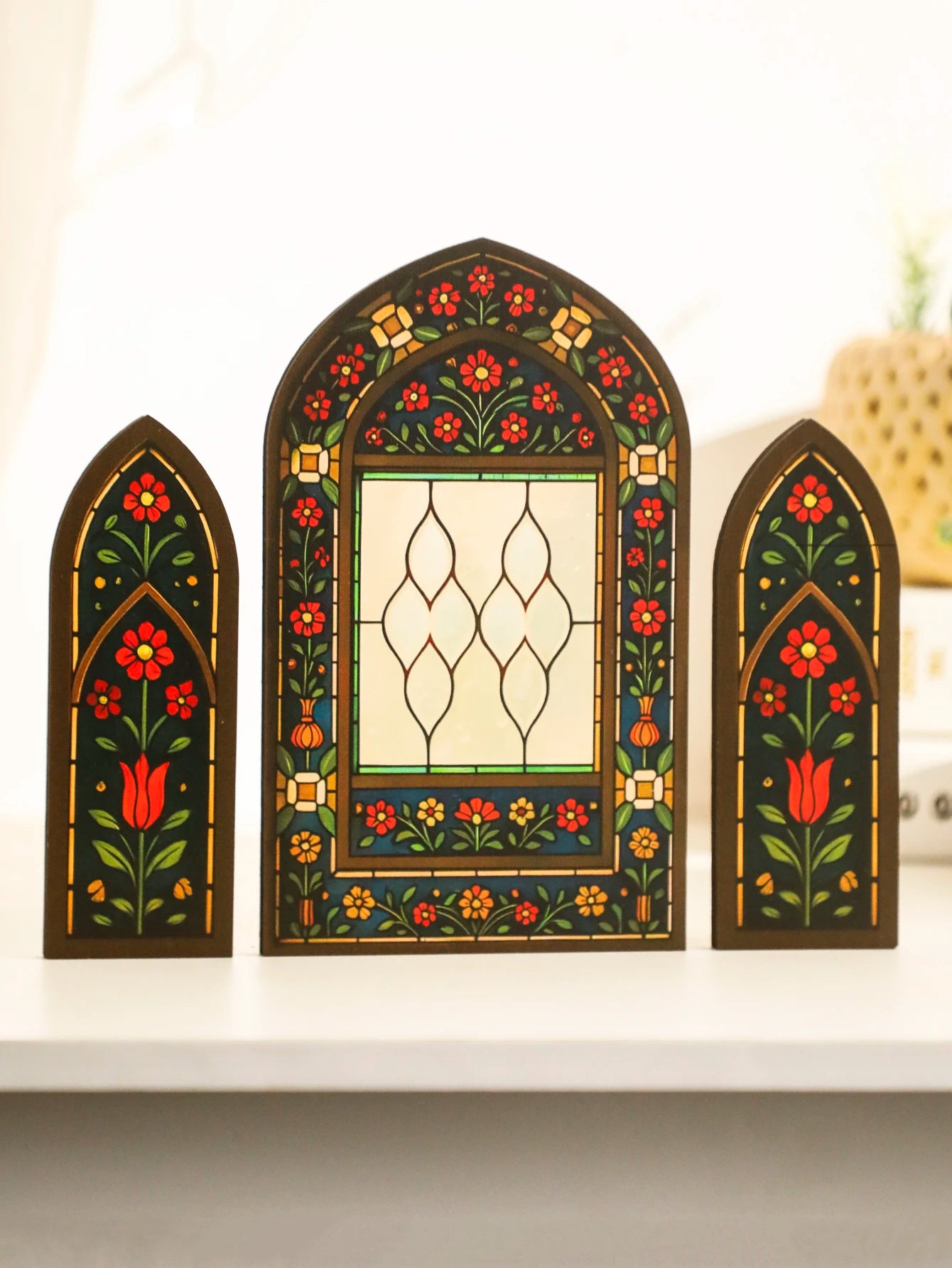3Pcs/Set Islamic Geometric Arch Decor Golden & Floral Acrylic Table Ornaments Wooden Festive Home Decor for Ramadan & Eid Gifts