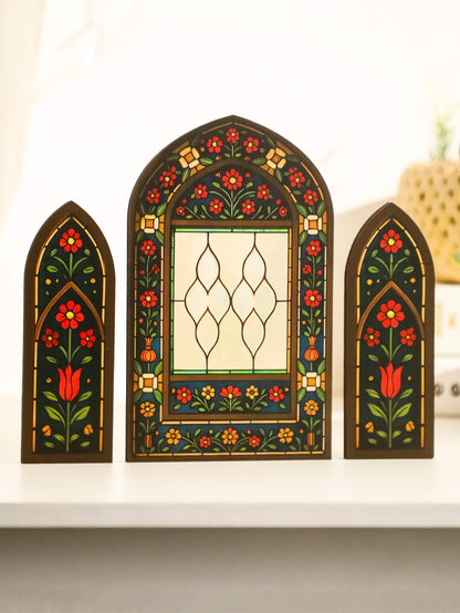 3Pcs/Set Islamic Geometric Arch Decor Golden & Floral Acrylic Table Ornaments Wooden Festive Home Decor for Ramadan & Eid Gifts