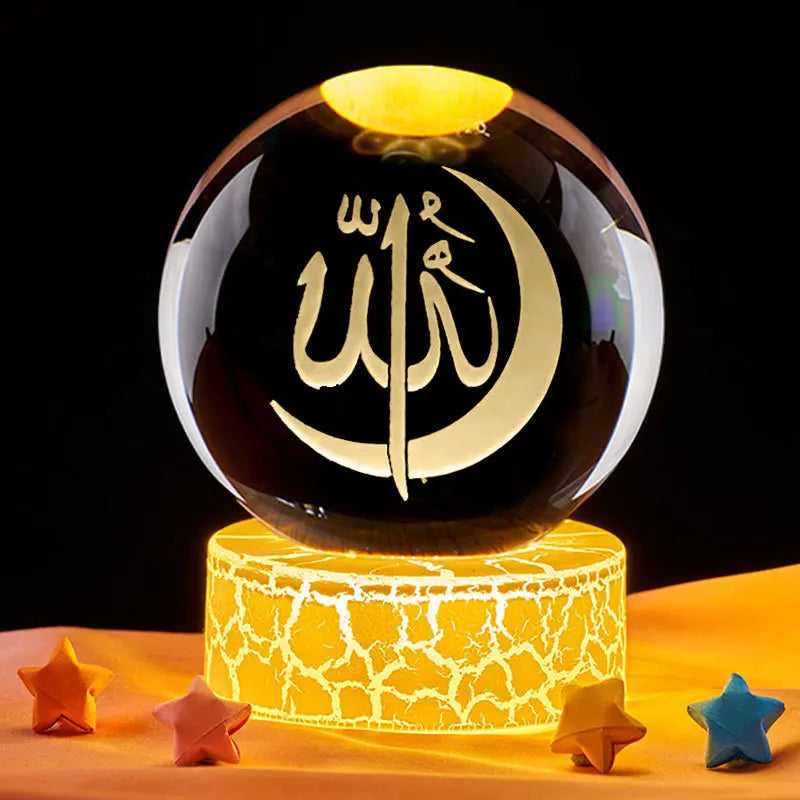 Ramadan Glowing Mosque Crystal Ball Ornament Islamic 3D Home Interior Party Desk Rotating Decoration Figurines Atmosphere Gifts