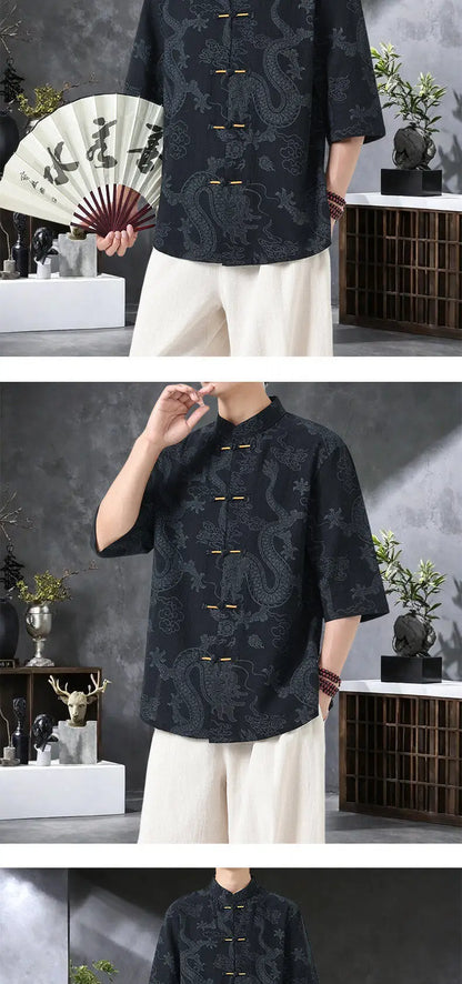 Men's Lightweight Printed Shirt Summer Chinese Style Mandarin Collar Casual Top with Frog Buttons Oriental Design