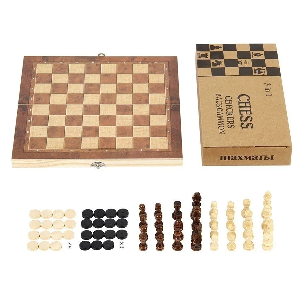 3-in-1 Chess&Backgammon&Checkers Set Wooden Chessboard Board Games Set Portable Educational International Chess Game