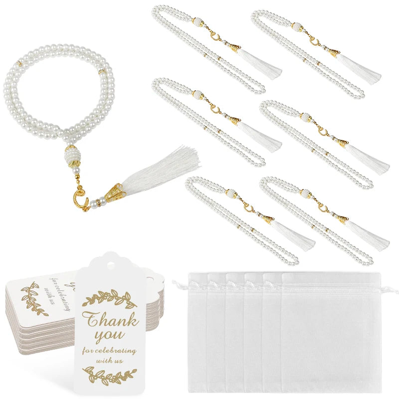 15/30Pcs Ramadan Glass Pearl Muslim Bracelet Prayer Beads Tassel Thank You Card Organza Bags Eid Mubarak Favor Gift for Home