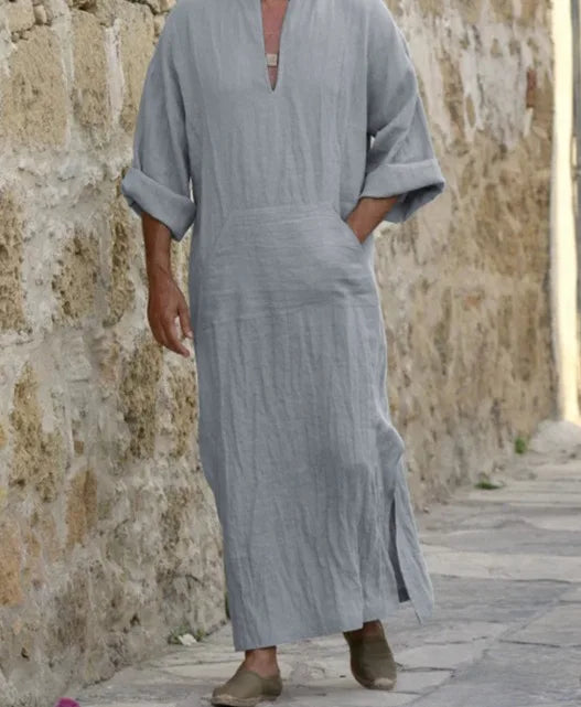 2026 New Muslim Robe Solid Color Retro Arab Islamic Clothing Men Dress Casual Cotton Linen Long Kaftan Middle East Caftan Abayas