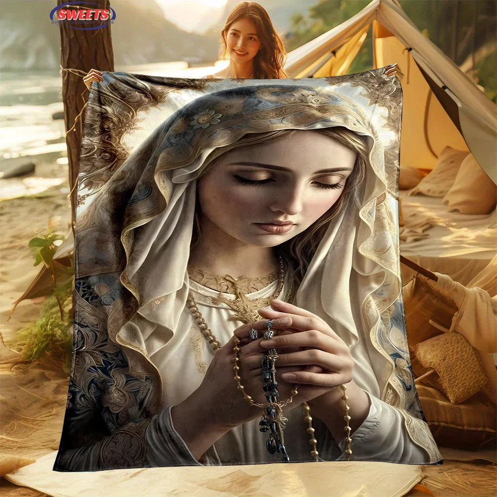 6 Size Merciful Virgin Mary Flannel Art Blanket, Home Sofa Office Nap Blanket for Four Seasons, Machine Washable Flannel Blanket