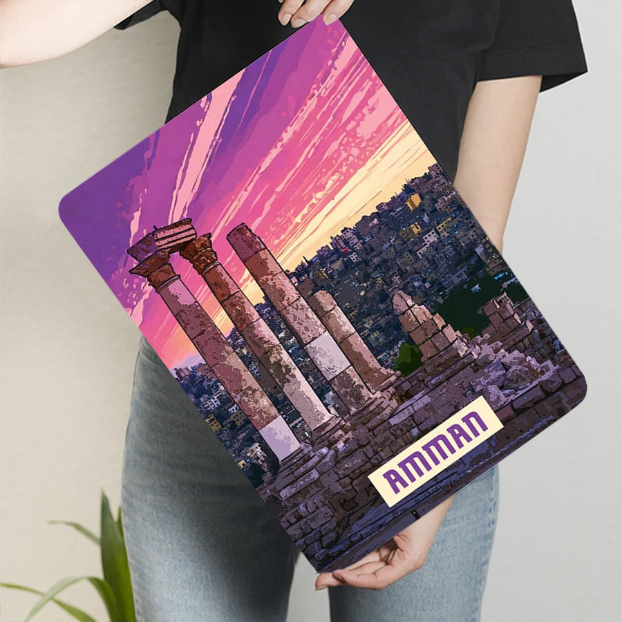 Amman Sunset Metal Wall Art – Ancient Columns Cityscape, Jordan Home Decor