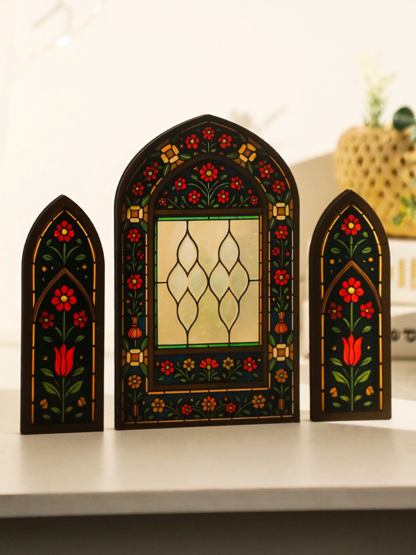 3Pcs/Set Islamic Geometric Arch Decor Golden & Floral Acrylic Table Ornaments Wooden Festive Home Decor for Ramadan & Eid Gifts
