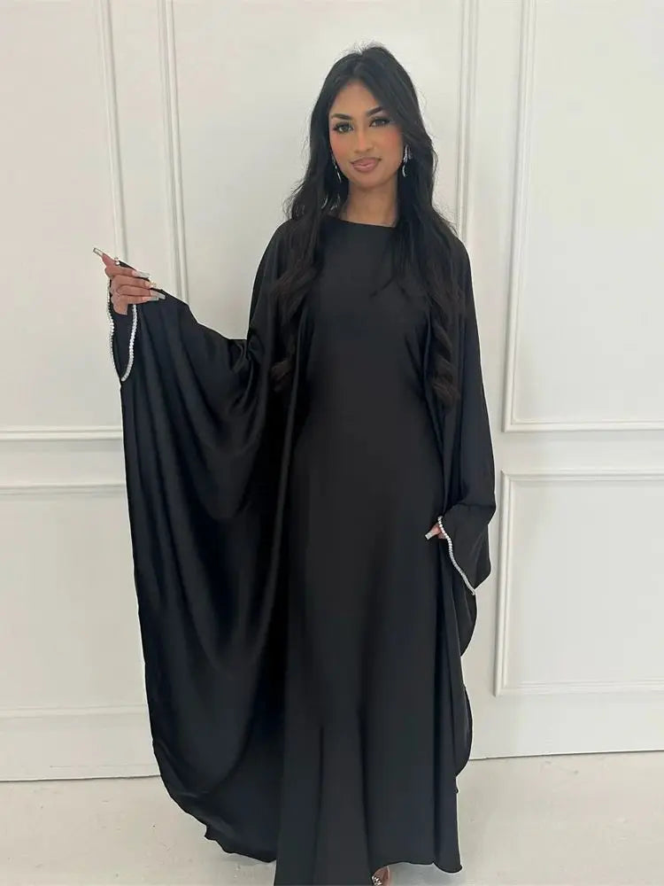 Eid Muslim Kaftan Satin Batwing Abaya Dubai Luxury Arabic African Dresses Abayas For Women Caftan Marocain Robe Femme Musulmane
