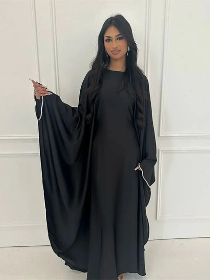 Eid Muslim Kaftan Satin Batwing Abaya Dubai Luxury Arabic African Dresses Abayas For Women Caftan Marocain Robe Femme Musulmane