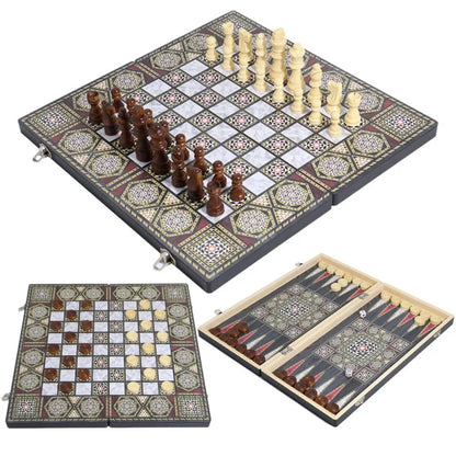 Luxury Knight Wooden 3-in-1 Chess Backgammon Foldable Intellectual Entertainment Game Portable Board Multiple Modes