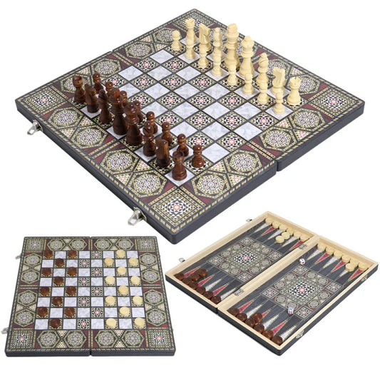 The Luxury Knight Wooden 3-in-1 Game Set – Three Games, One Board of Heritage