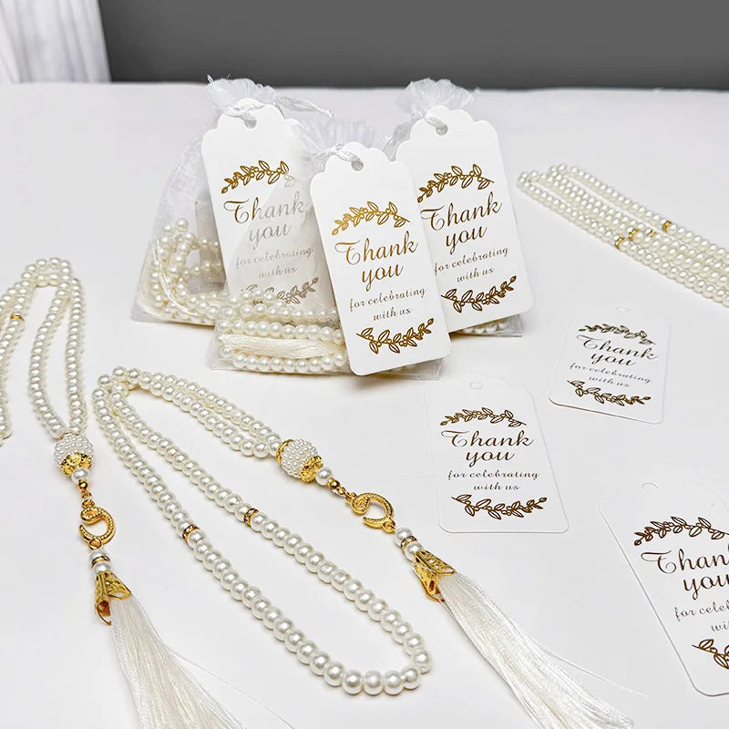 15/30Pcs Ramadan Glass Pearl Muslim Bracelet Prayer Beads Tassel Thank You Card Organza Bags Eid Mubarak Favor Gift for Home